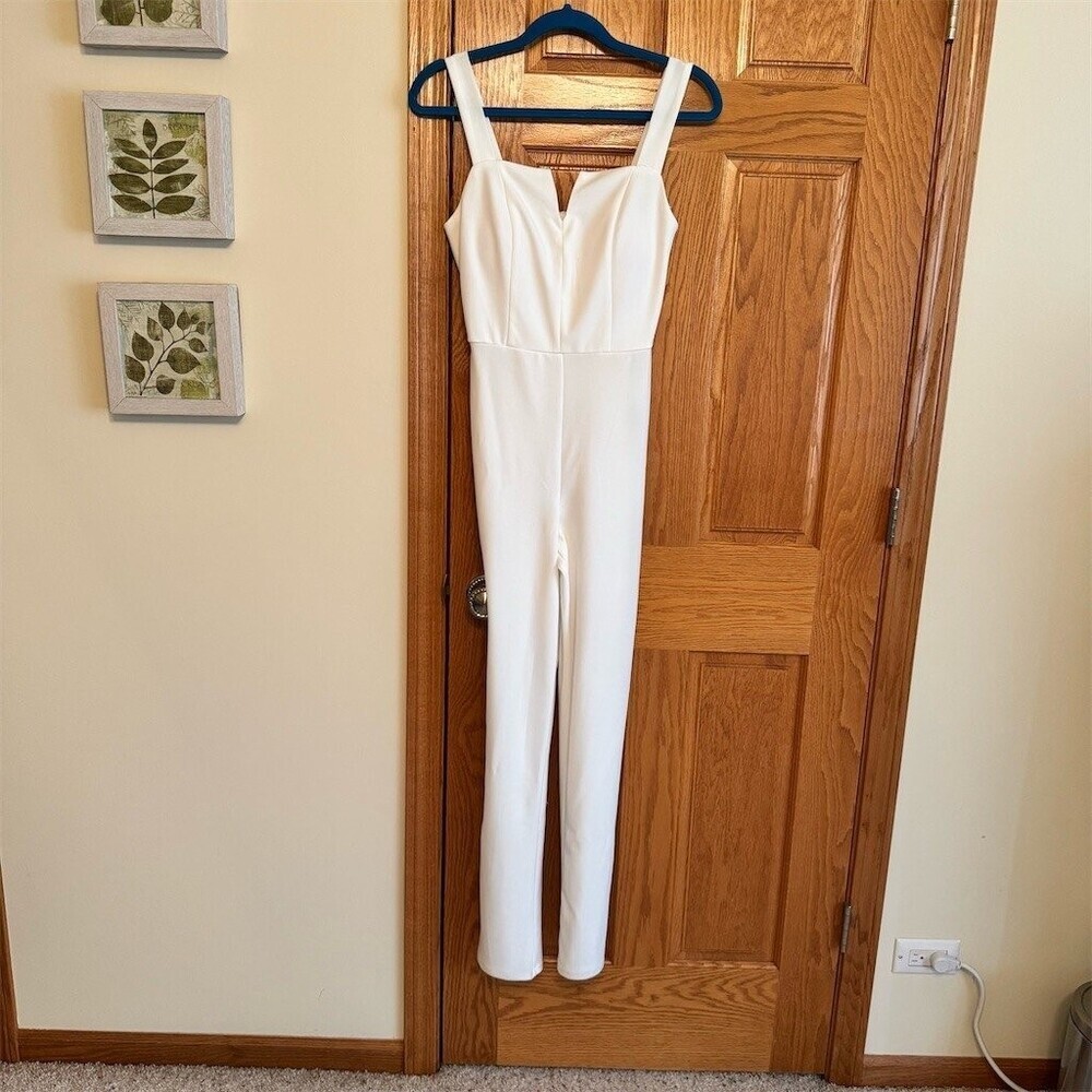 NWT Crystal Doll Jumpsuit Womens Size S Ivory V-Neck Straight Leg Pockets